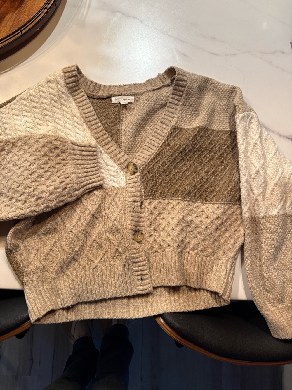Blu Pepper Neutral Tone Patchwork Cardigan Sweater